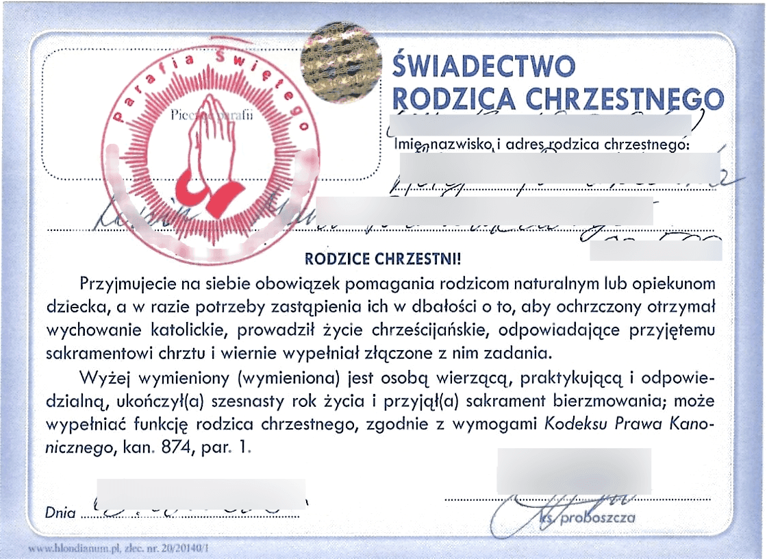 Zaświadczenie dla chrzestnego